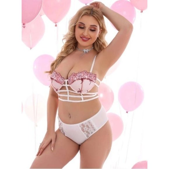 16 Plus Pink Flower Embroidery Hollow Out Underwire Bra 40F,40G,42D,42E,42F,44C, - Picture 4 of 6